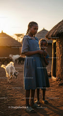Sisters in an African Village at Sunset