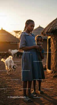 Sisters in an African Village at Sunset