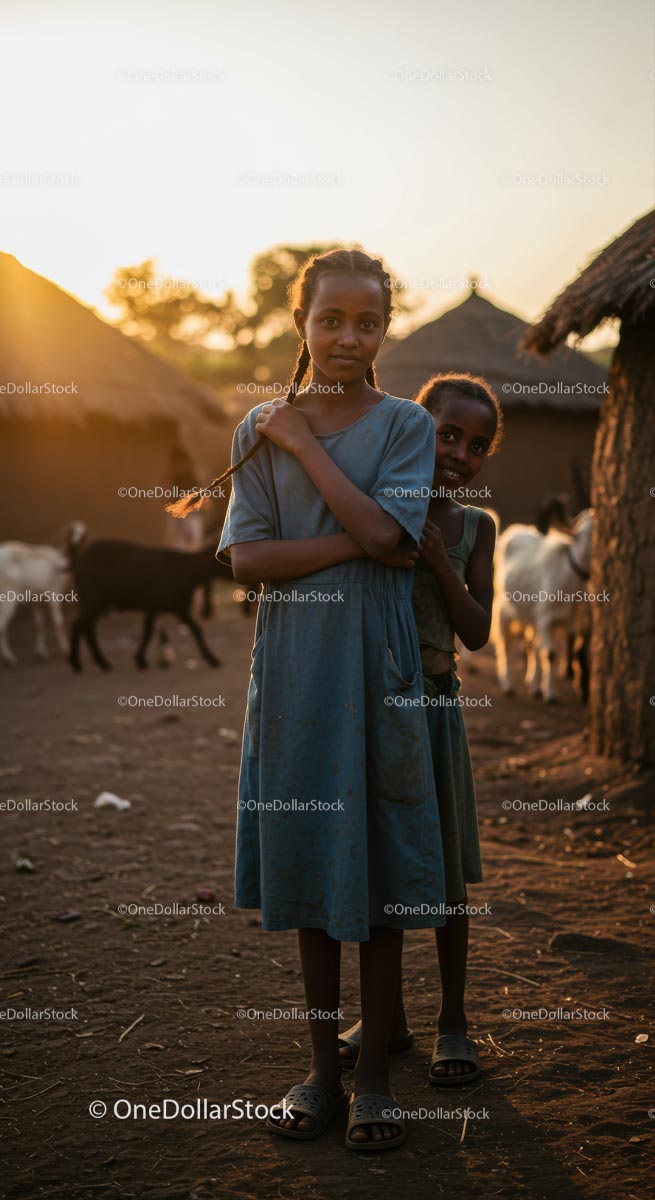 Siblings in Rural Village at Sunset