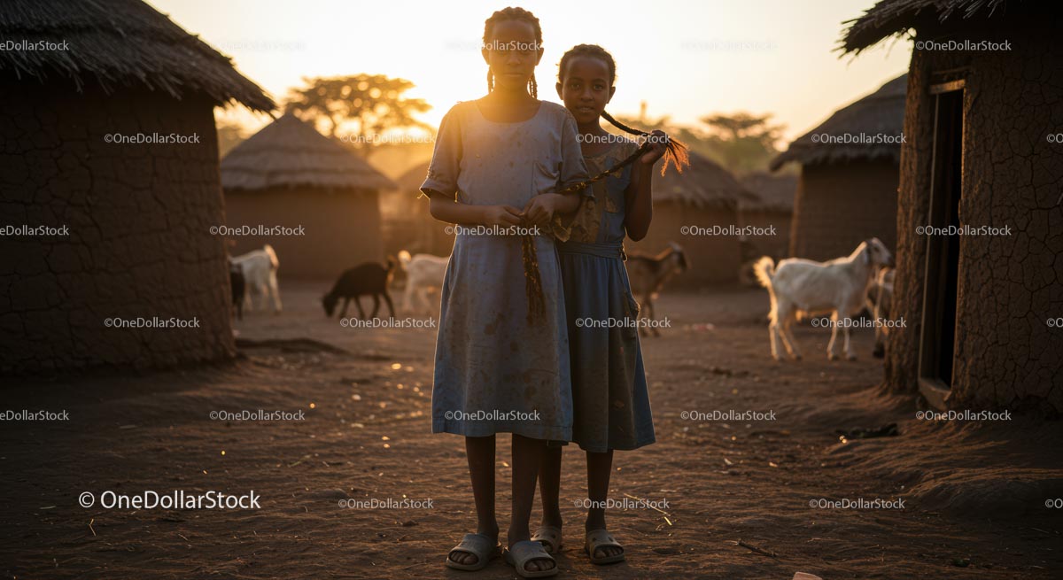 Two Girls in African Village During Sunset