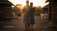 Two Girls in African Village During Sunset