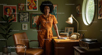 Stylish Woman in Retro-Inspired, Art-Filled Office