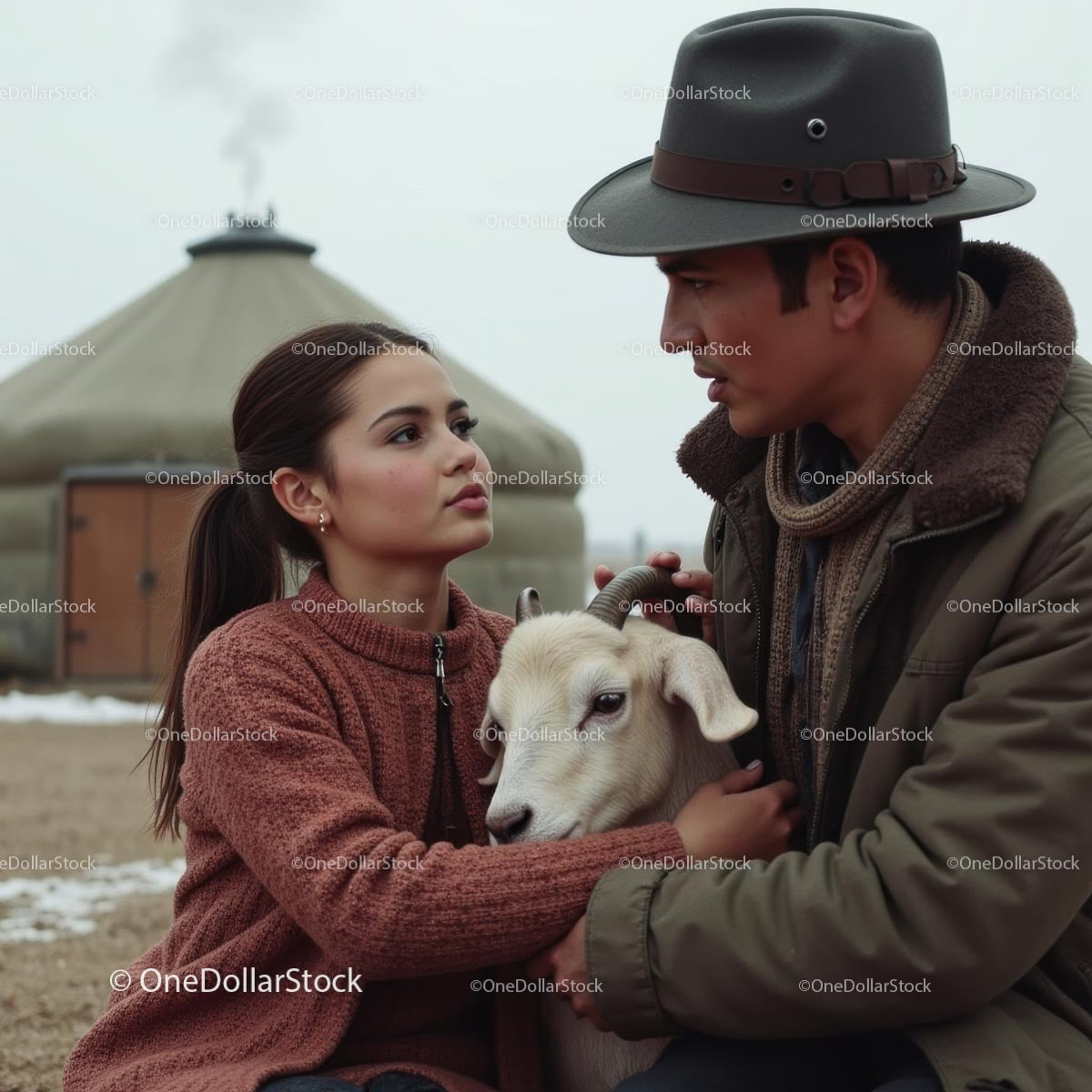 Young Couple with Goat Near Traditional Yurt