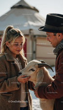 Young Couple Interacting with Goat in Rustic Setting