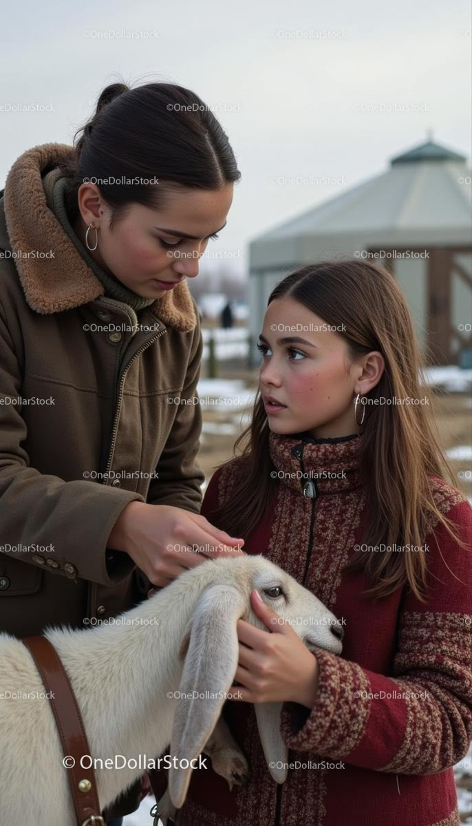 Sisters Caring for a Goat in a Winter Farm Setting
