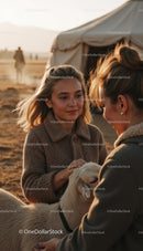 Young Girl Petting a Goat at Sunset in Rural Landscape