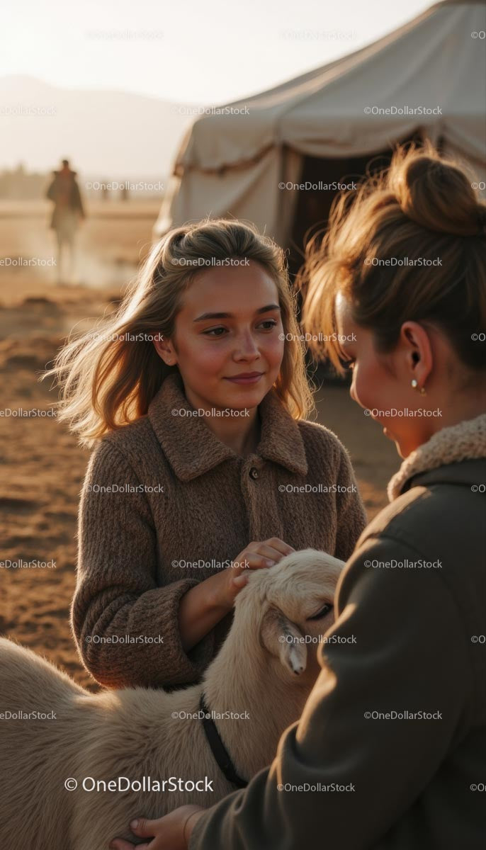 Young Girl Petting a Goat at Sunset in Rural Landscape