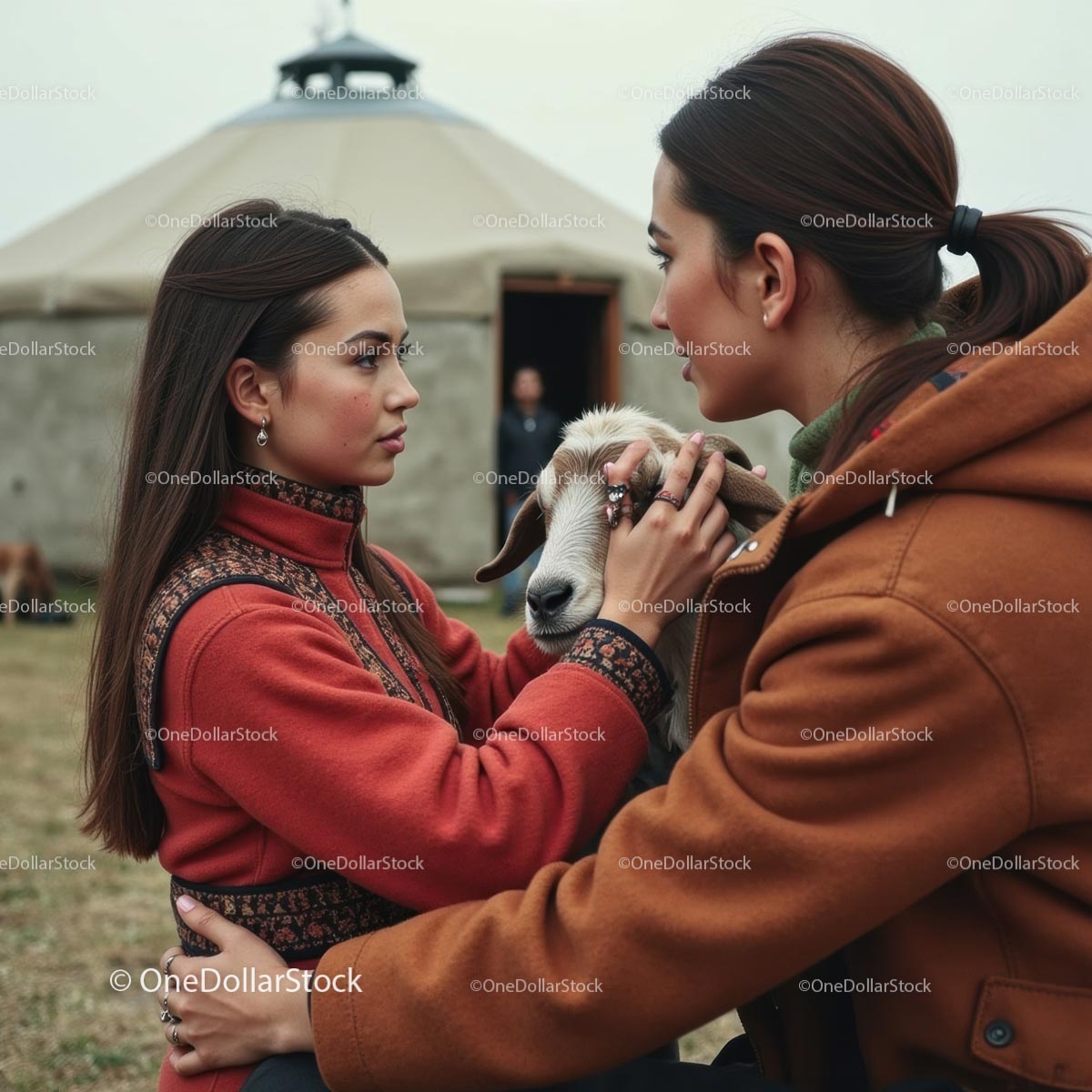 Women in Traditional Attire Bonding with Goat