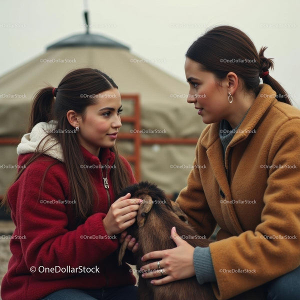 Dwie Kobiety w Ciepłych Płaszczach Opiekujące się Kozą na Zewnątrz