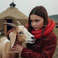 Woman in Red Scarf Embraces Friendly Goat