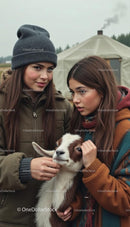 Two Young Women Petting a Goat in a Rural Setting