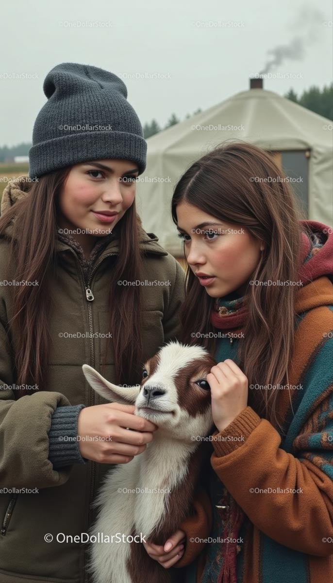 Two Young Women Petting a Goat in a Rural Setting