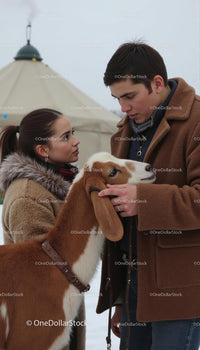 Young Couple with Goat in Winter Countryside