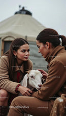 Women Enjoying a Tender Moment with Goat in Countryside