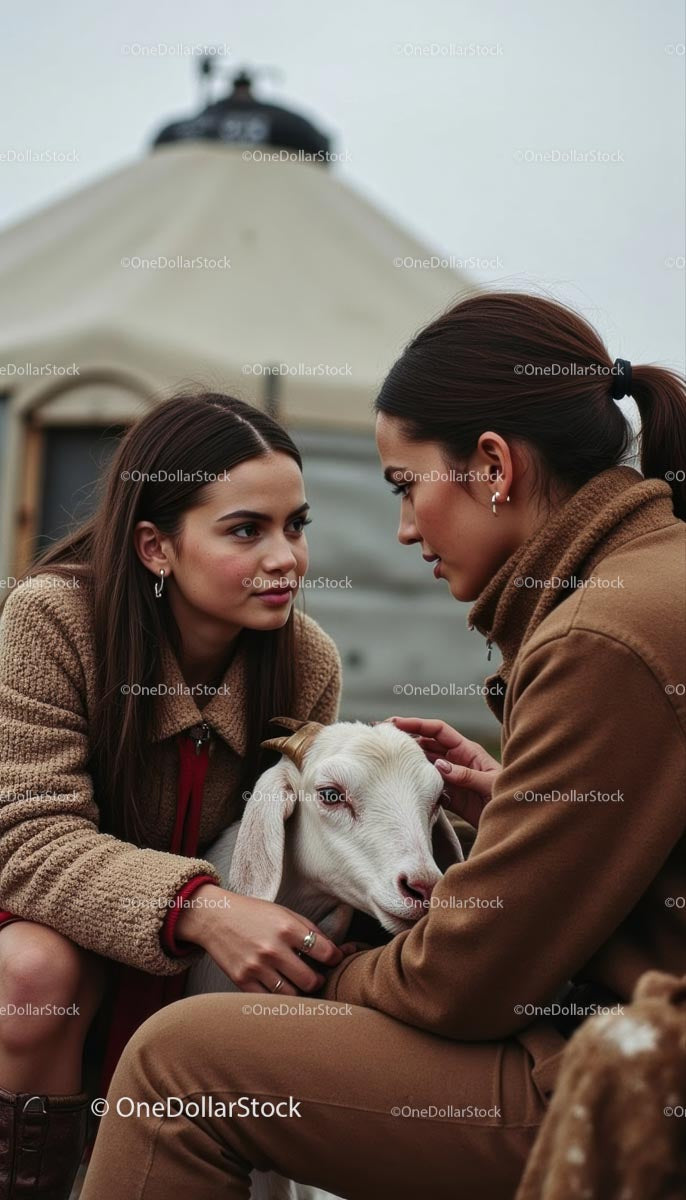 Women Enjoying a Tender Moment with Goat in Countryside