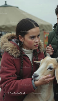 Young Woman in Winter Coat Petting a Goat
