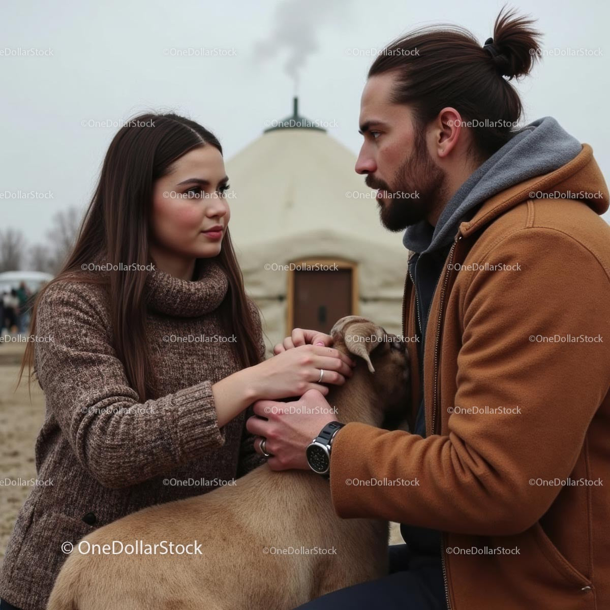 Couple Bonding with Dog in Cozy Winter Setting