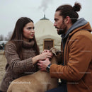 Couple Bonding with Dog in Cozy Winter Setting