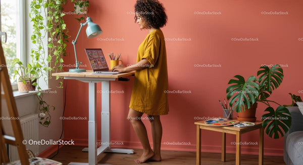 Woman Working at Standing Desk in Cozy Home Office