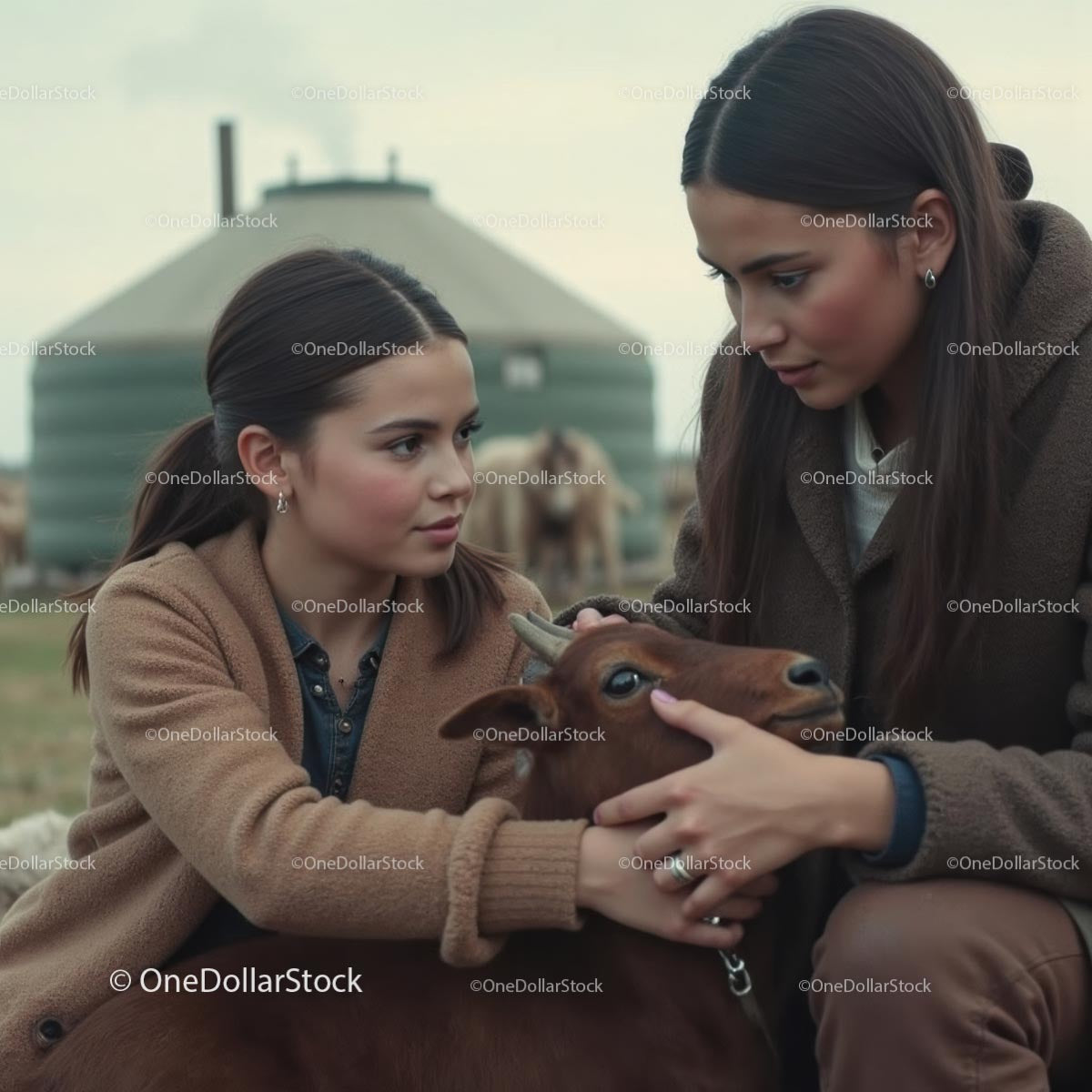 Mother and Daughter Bonding with Goat on Countryside Farm