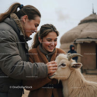 Smiling Friends Petting a Goat in a Rural Outdoor Setting
