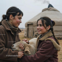 Women Sharing a Moment with a Sheep in Front of Yurt