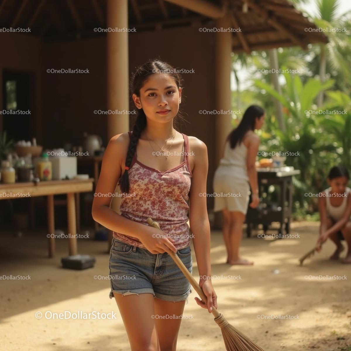 Young Woman Sweeping Outdoors in a Tropical Setting
