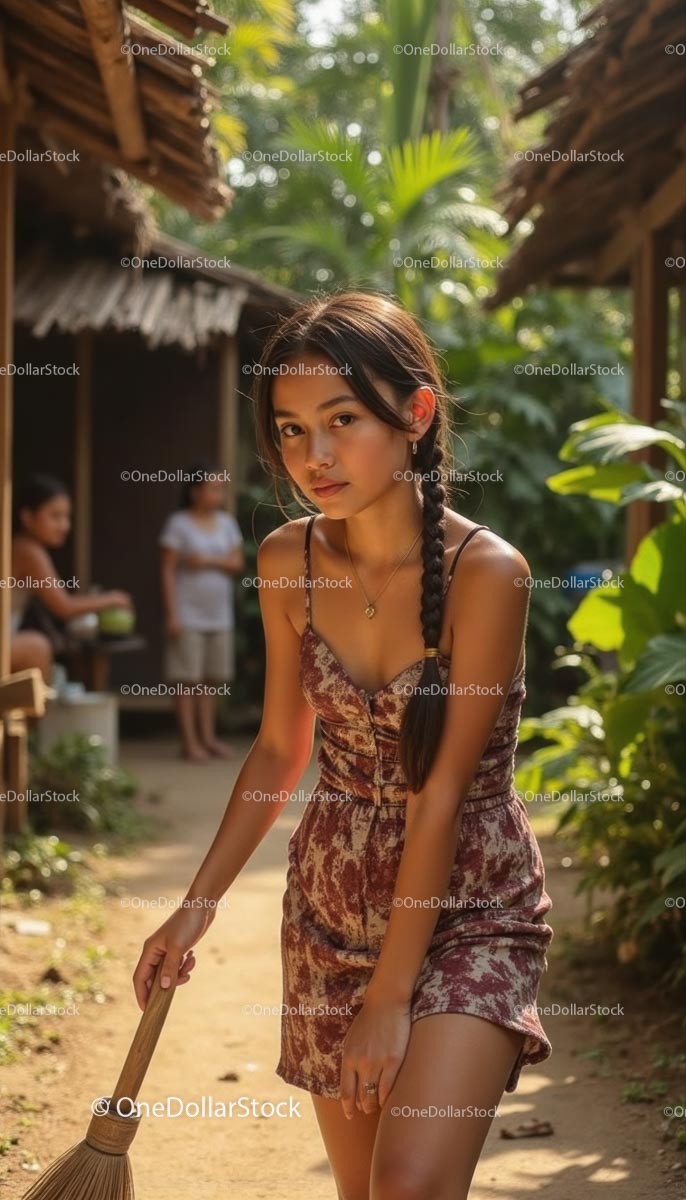 Young Woman Sweeping in a Sunlit Traditional Village