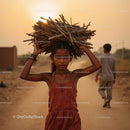 Young Girl Carrying Firewood at Sunset on a Dusty Path