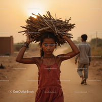 Young Girl Carrying Firewood at Sunset on a Dusty Path