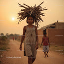 Rural Child Carrying Firewood at Sunset