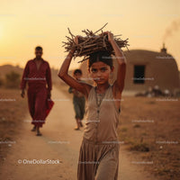 Girl Carrying Firewood in Rural Village at Sunset