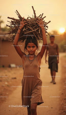 Young Girl Carrying Firewood on Village Pathway at Sunset