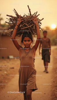 Young Girl Carrying Firewood on Village Pathway at Sunset