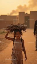 Young Girl Carrying Firewood at Sunset