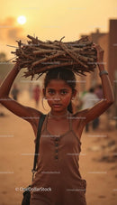 Young Girl Carrying Firewood in Rural Sunset