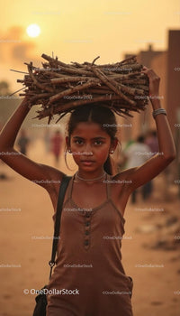 Young Girl Carrying Firewood in Rural Sunset