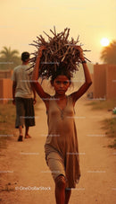 Young Girl Carrying Firewood at Sunset