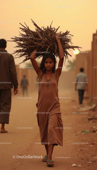 Young Girl Carrying Firewood in a Dusty Village