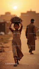 Girl Carrying Sticks on a Sunny Rural Path at Sunset
