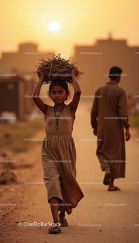 Girl Carrying Sticks on a Sunny Rural Path at Sunset