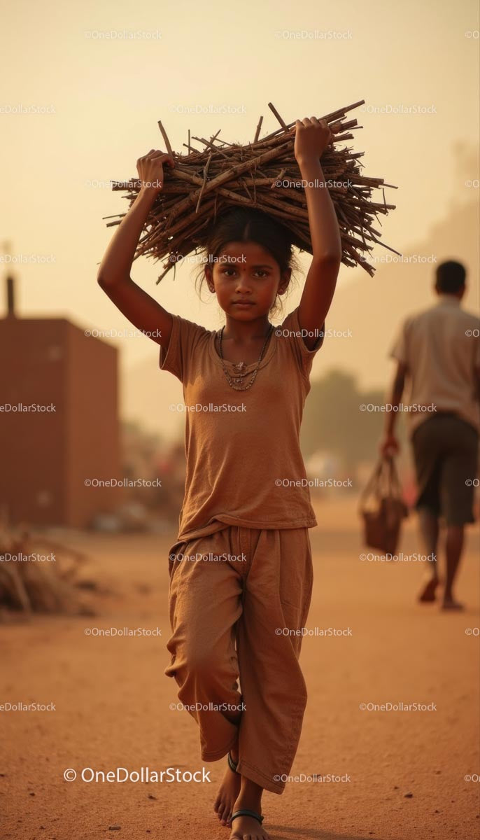Child Carrying Firewood in a Rural Village Setting