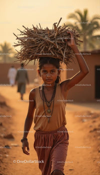 Young Girl Carrying Sticks in a Rural Village Setting