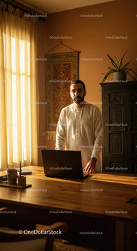 Professional Man in Ethnic Attire with Laptop in Sunlit Room