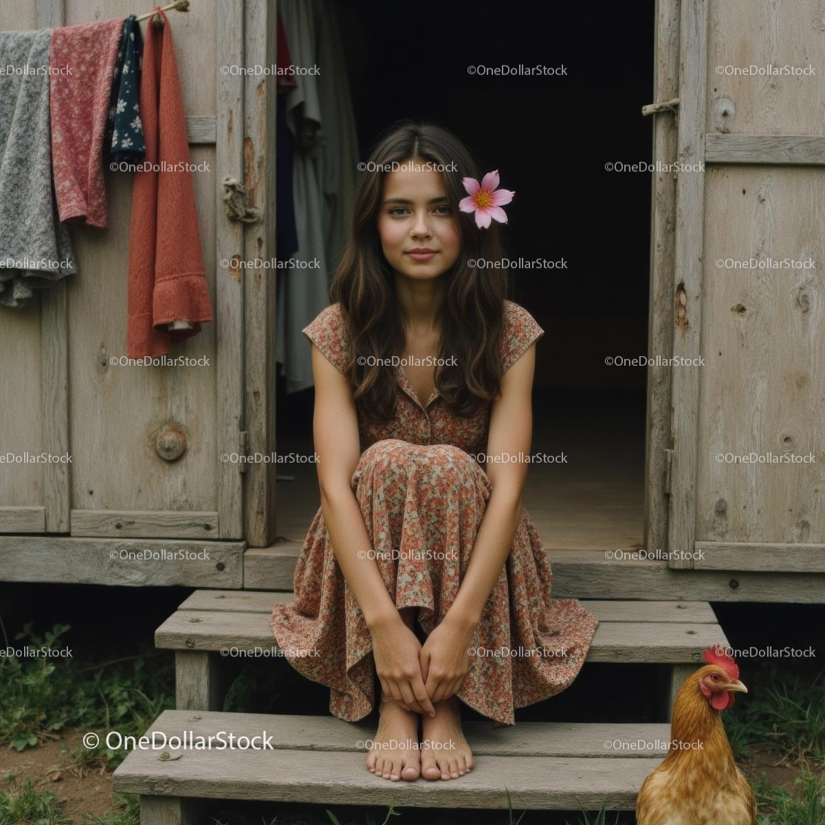 Young Woman in Floral Dress Sitting on Rustic Cabin Porch