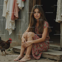 Young Woman in Floral Dress with Farm Chicken