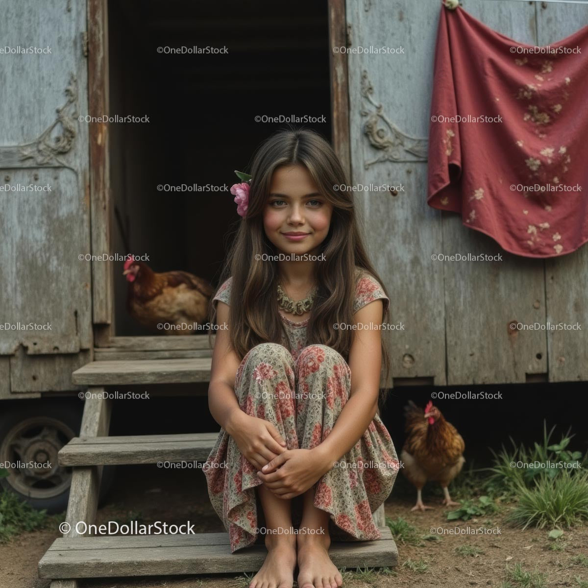 Young Girl in Floral Dress Sitting by Rustic Chicken Coop