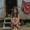 Young Girl in Floral Dress Sitting by Rustic Chicken Coop