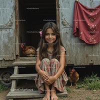 Young Girl in Floral Dress Sitting by Rustic Chicken Coop