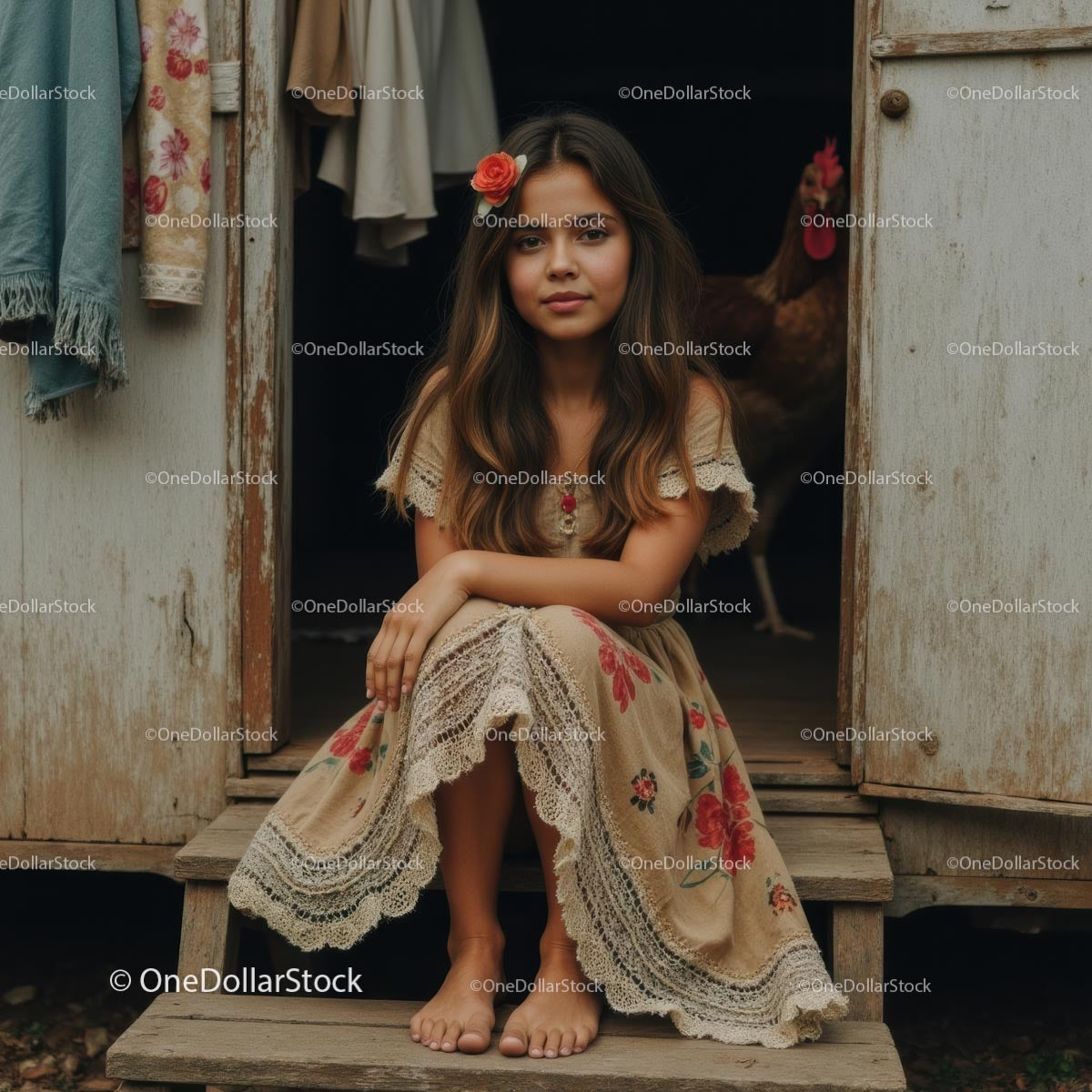 Young Girl in Vintage Floral Dress on Rustic Porch